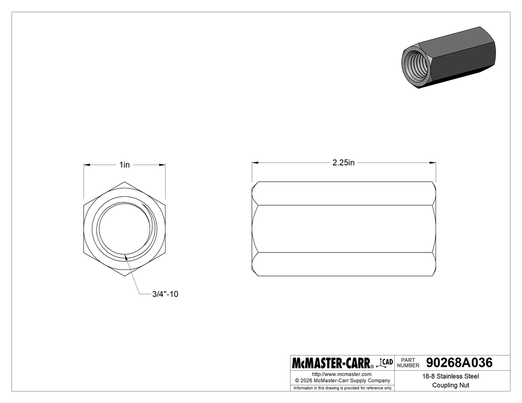 Technical Drawing of 18-8 Stainless Steel Coupling Nut, 3/4"-10 Thread Size.